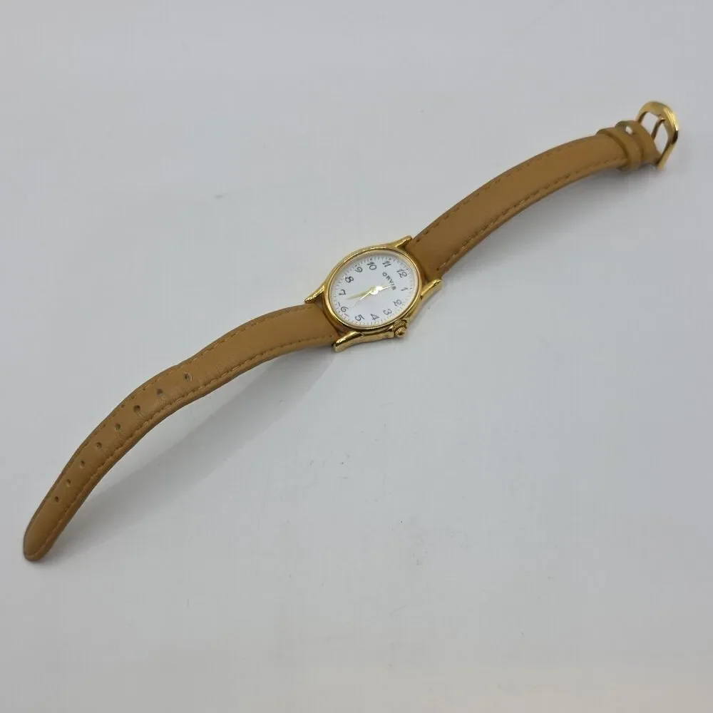 Orvis Quartz White Dial Oval 24mm Gold Tone Watch, OR4G8C, Leather Strap, 100ft